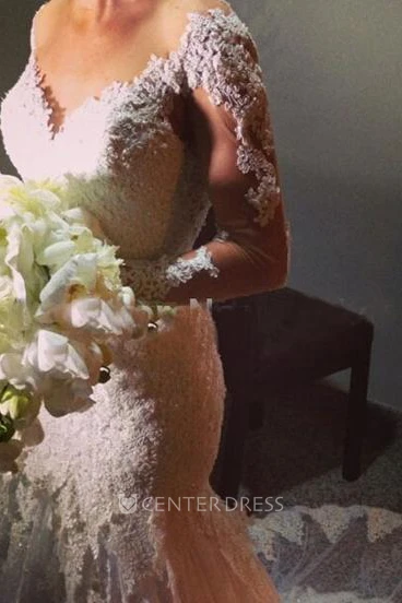 Sexy Long Sleeve Mermaid Lace Wedding Gown With Deep-v Neckline