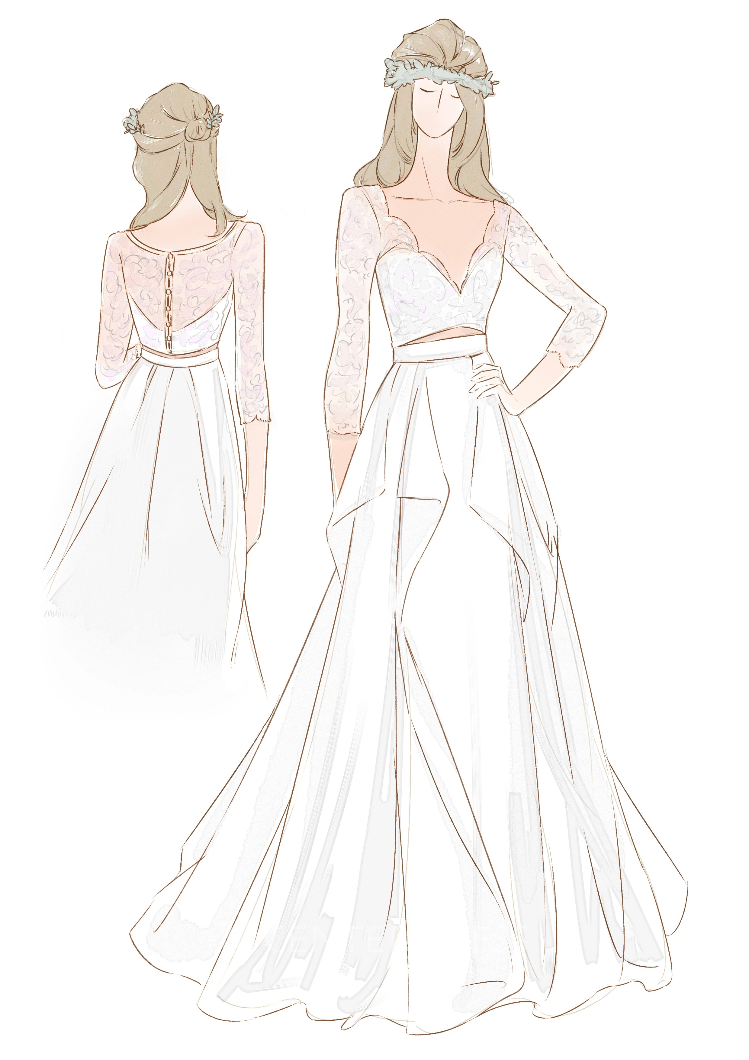 3-4 Length Sleeve Two Piece V-neck Floor-length Sweep Brush Train Lace Warm Wedding Dress with Ruching