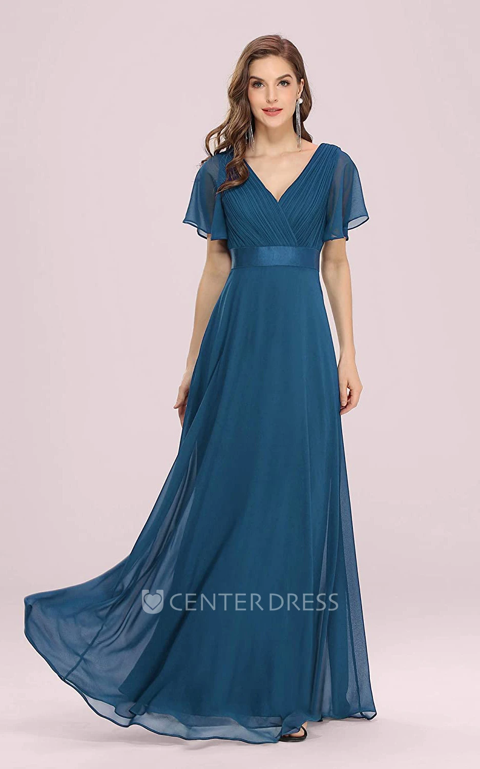 Romantic A Line Chiffon V-neck Short Sleeve Prom Evening Dress With Ruffles