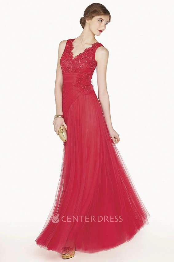 Scalloped V Neck A-Line Tulle Long Prom Dress With Empire Floral Waist