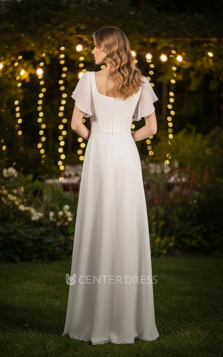 Simple Country A-Line Floor Length Spring Wedding Dress Modest Casual Zipper Back Short Bell Sleeves Gown