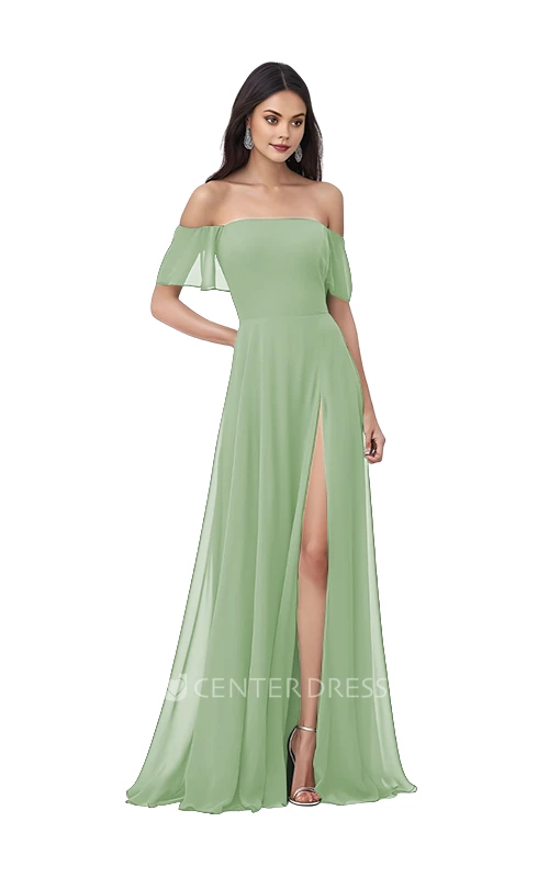 Bohemian Chiffon Off-Shoulder A-Line Bridesmaid Dress with Front Split Unique & Flowy