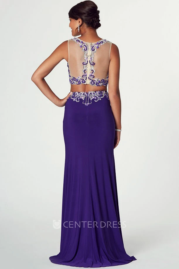 Sheath Split-Front Jewel-Neck Sleeveless Floor-Length Jersey Prom Dress With Beading