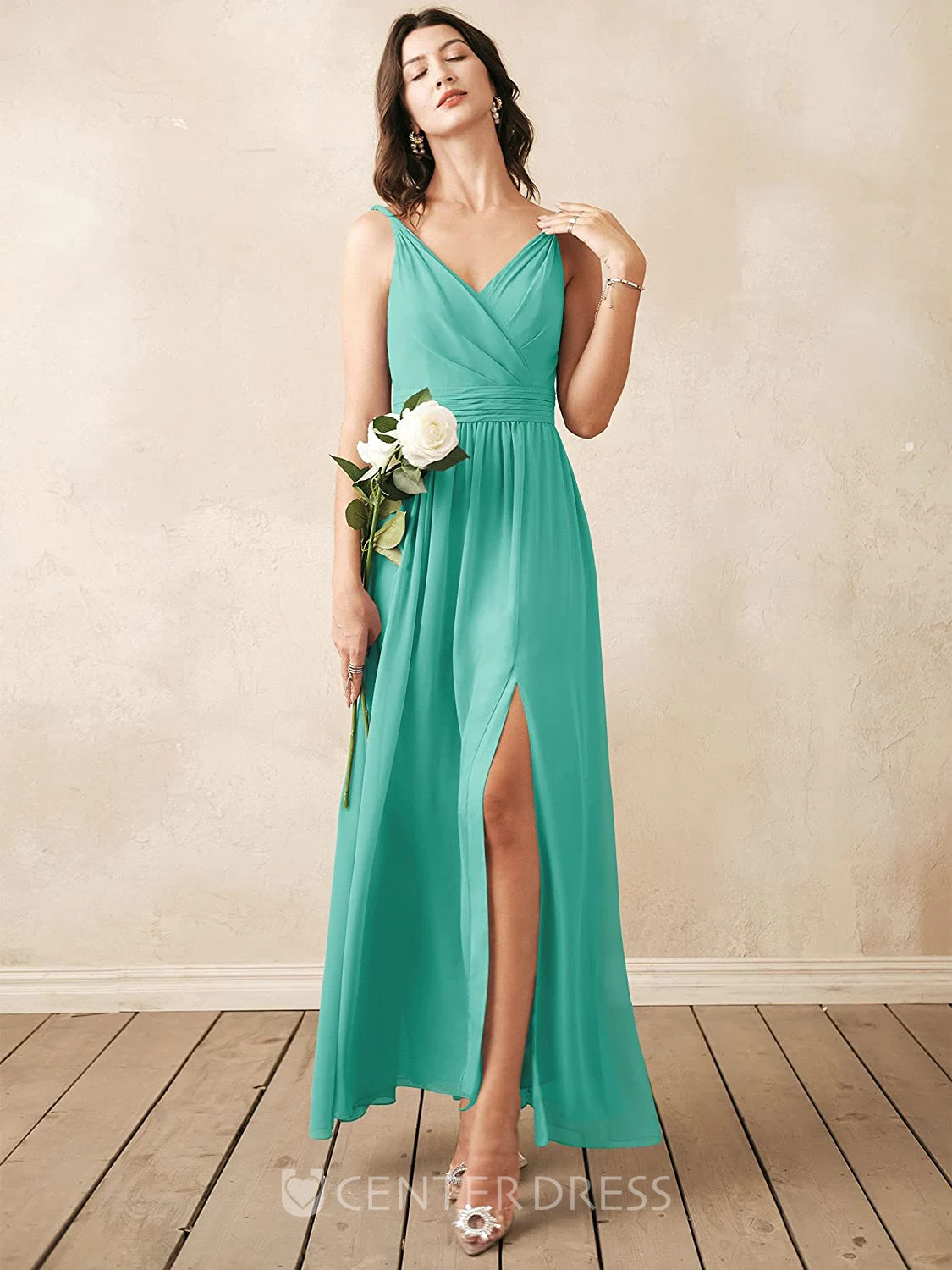 Romantic Chiffon Ankle-length V-neck A Line Sleeveless Bridesmaid Dress With Ruching