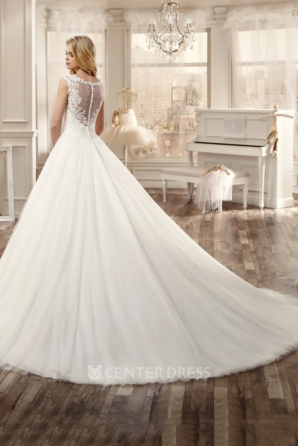 Cap-Sleeve Wedding Dress with Pleated Skirt and Lace Bodice