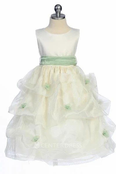 Tea-Length Ruched Organza&Satin Flower Girl Dress