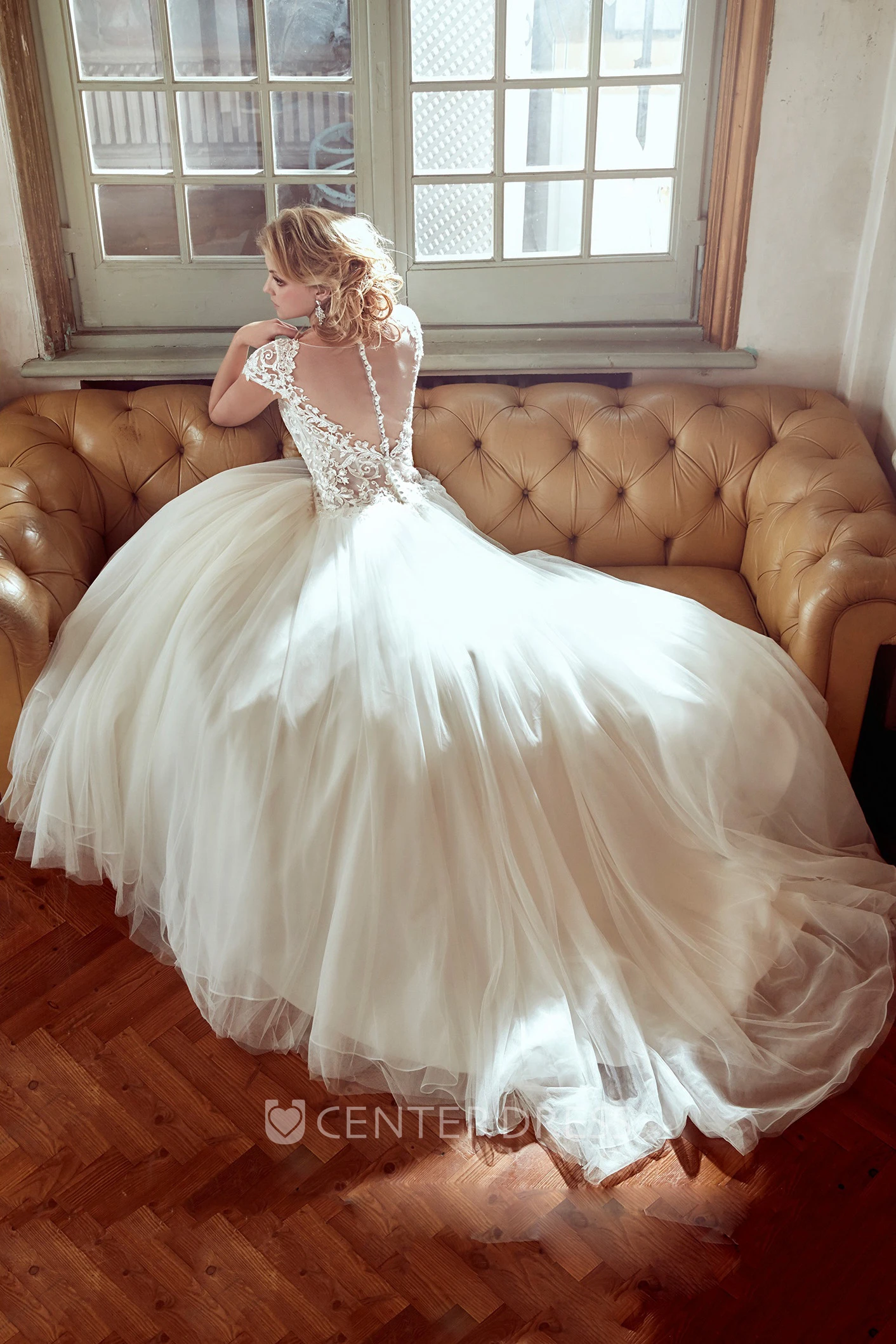 Cap-Sleeve V-Neck A-Line Gown With Lace Bodice And Illusive Back