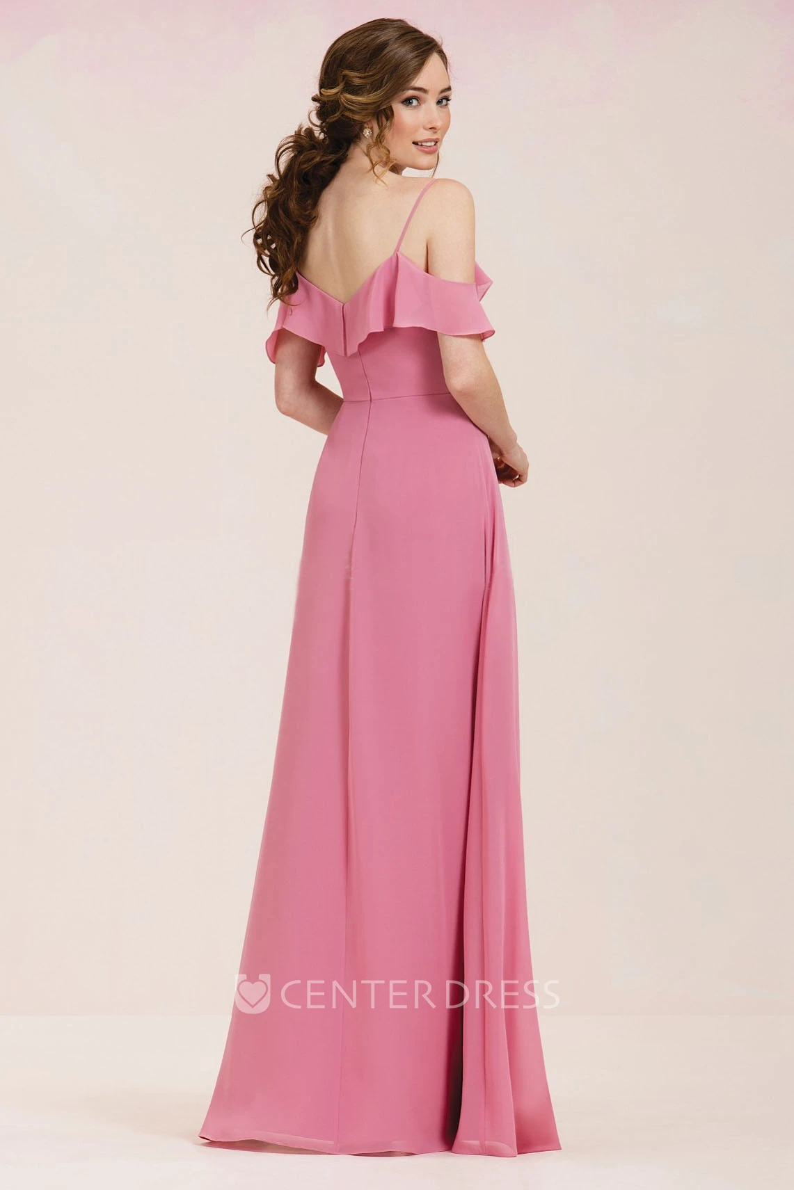 V-Neck A-Line Long Bridesmaid Dress With Ruffles And Spaghetti Straps