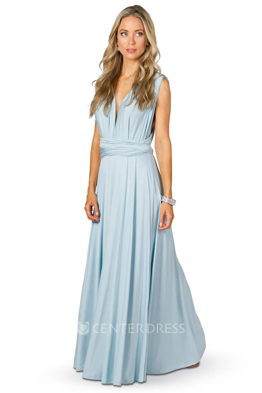 Sleeveless V-Neck Chiffon Convertible Bridesmaid Dress With Ribbon And Straps