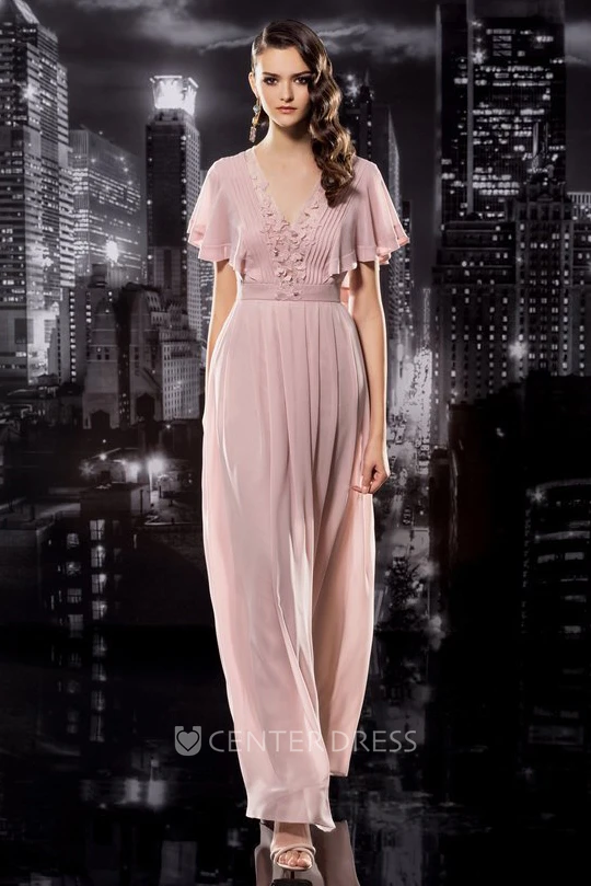 V-Neck Short Sleeve Chiffon Illusion Dress With Appliques And Pleats
