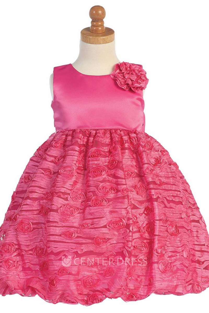Tea-Length Floral Tiered Empire Tulle&Taffeta Flower Girl Dress With Embroidery