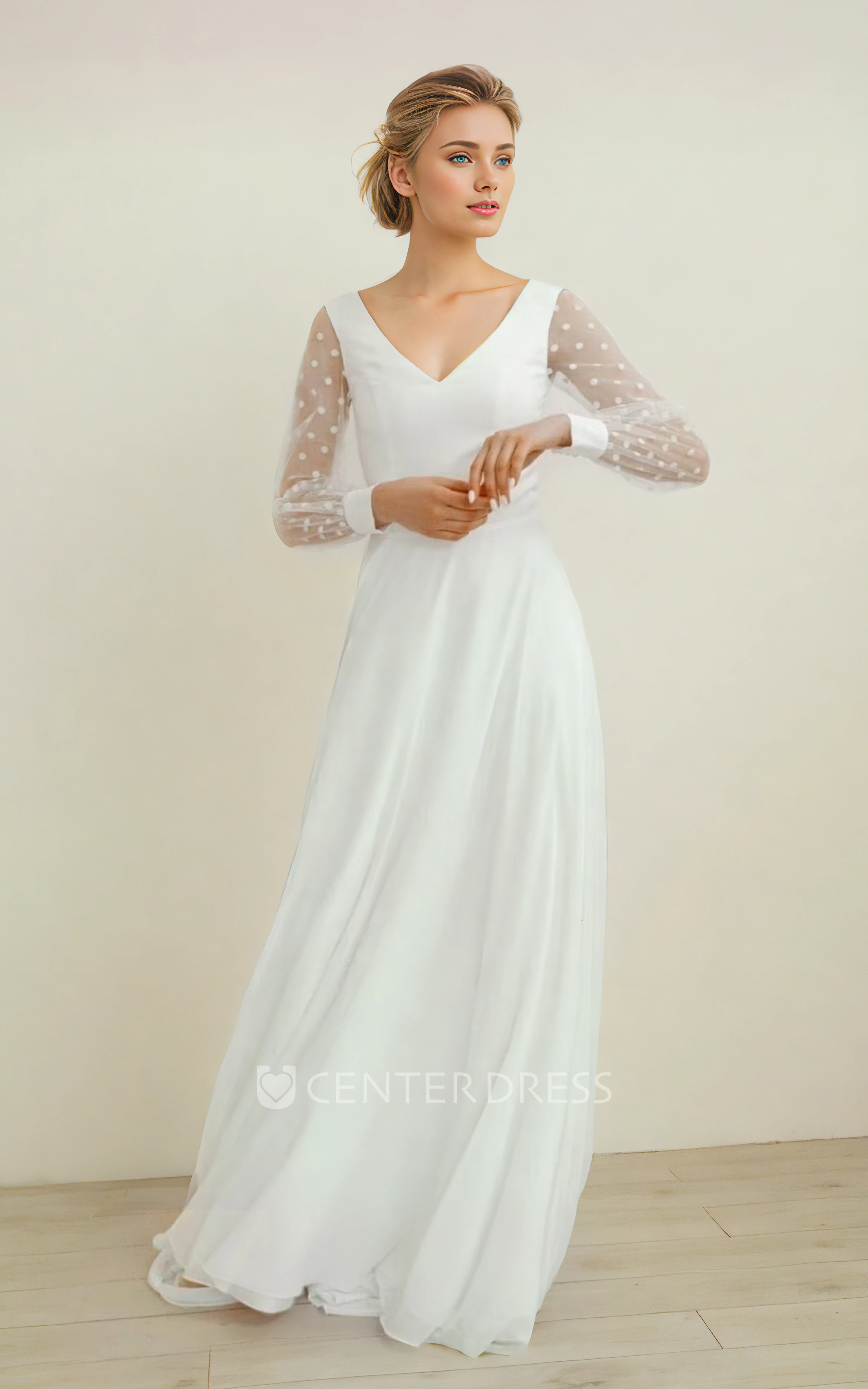 A-line Classic Polka Dot Dress Adorable Illusion Long Sleeve V-Neck V-Back Trailing Bridal Gown