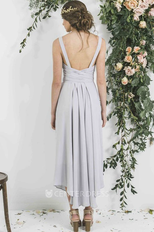 Ankle-Length Sleeveless Draped V-Neck Chiffon Bridesmaid Dress