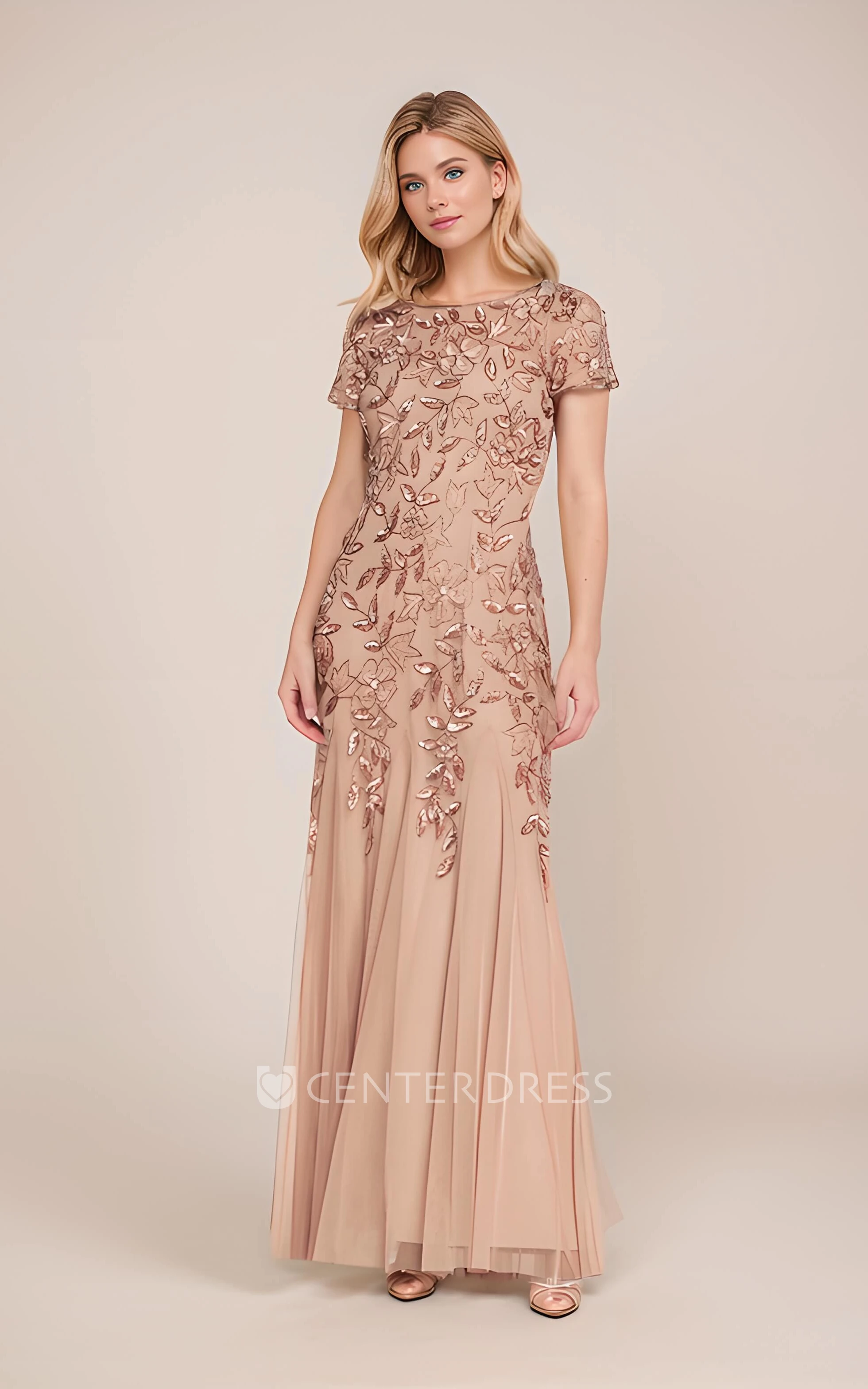 Modest Mother Of Bridals Short Sleeve Satin Dress with Hand-Beaded Flower