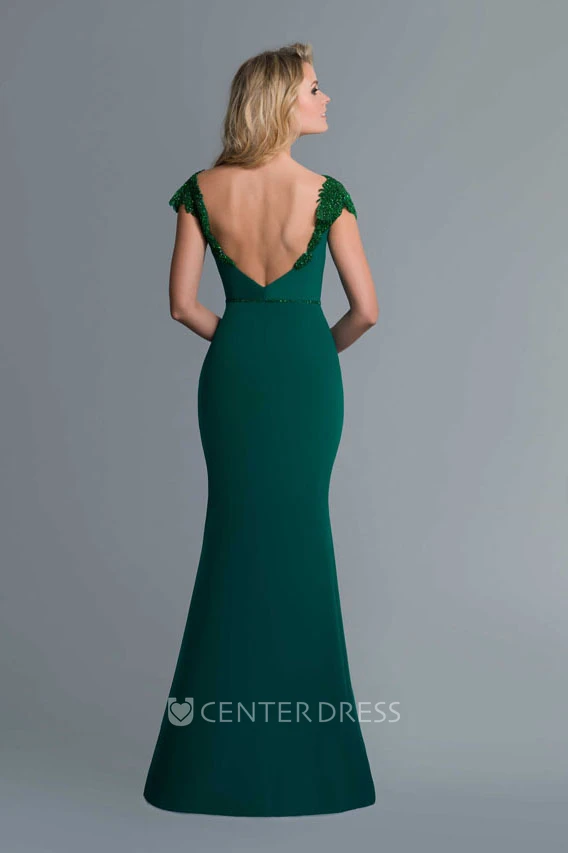 Sheath Floor-Length Cap-Sleeve Jersey Deep-V Back Dress