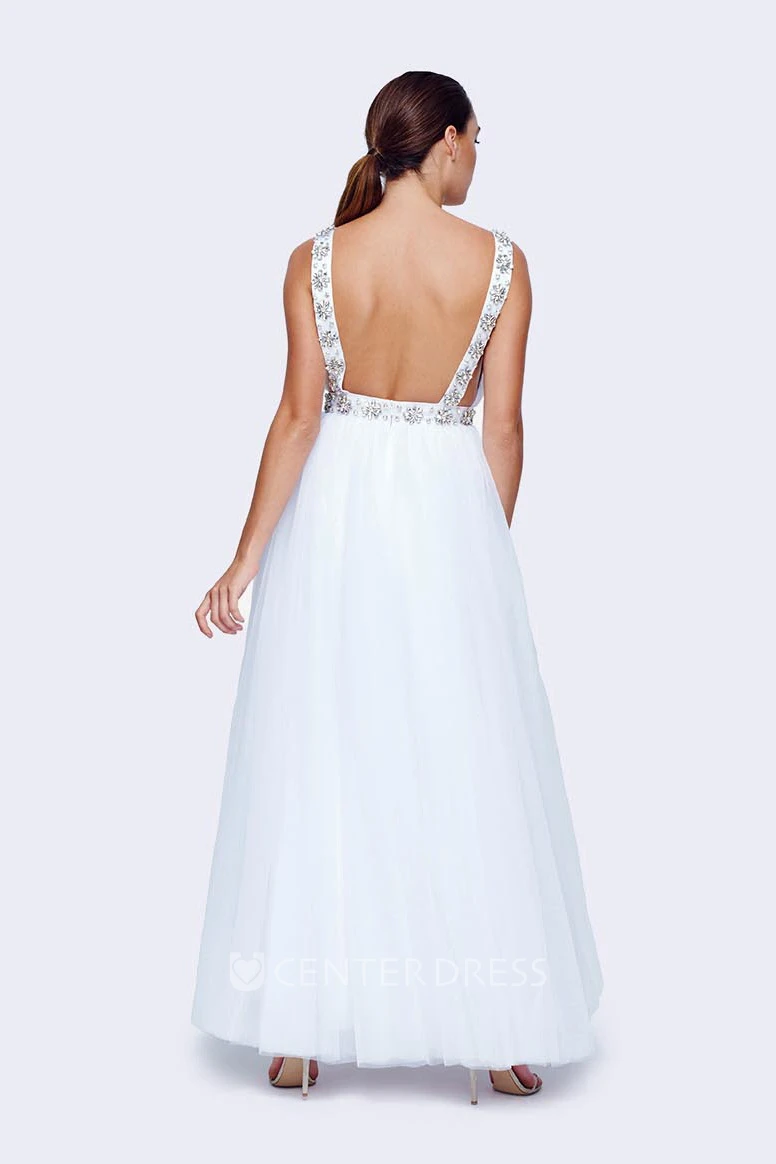 A-Line Ankle-Length V-Neck Sleeveless Tulle Wedding Dress With Waist Jewellery And Backless Design