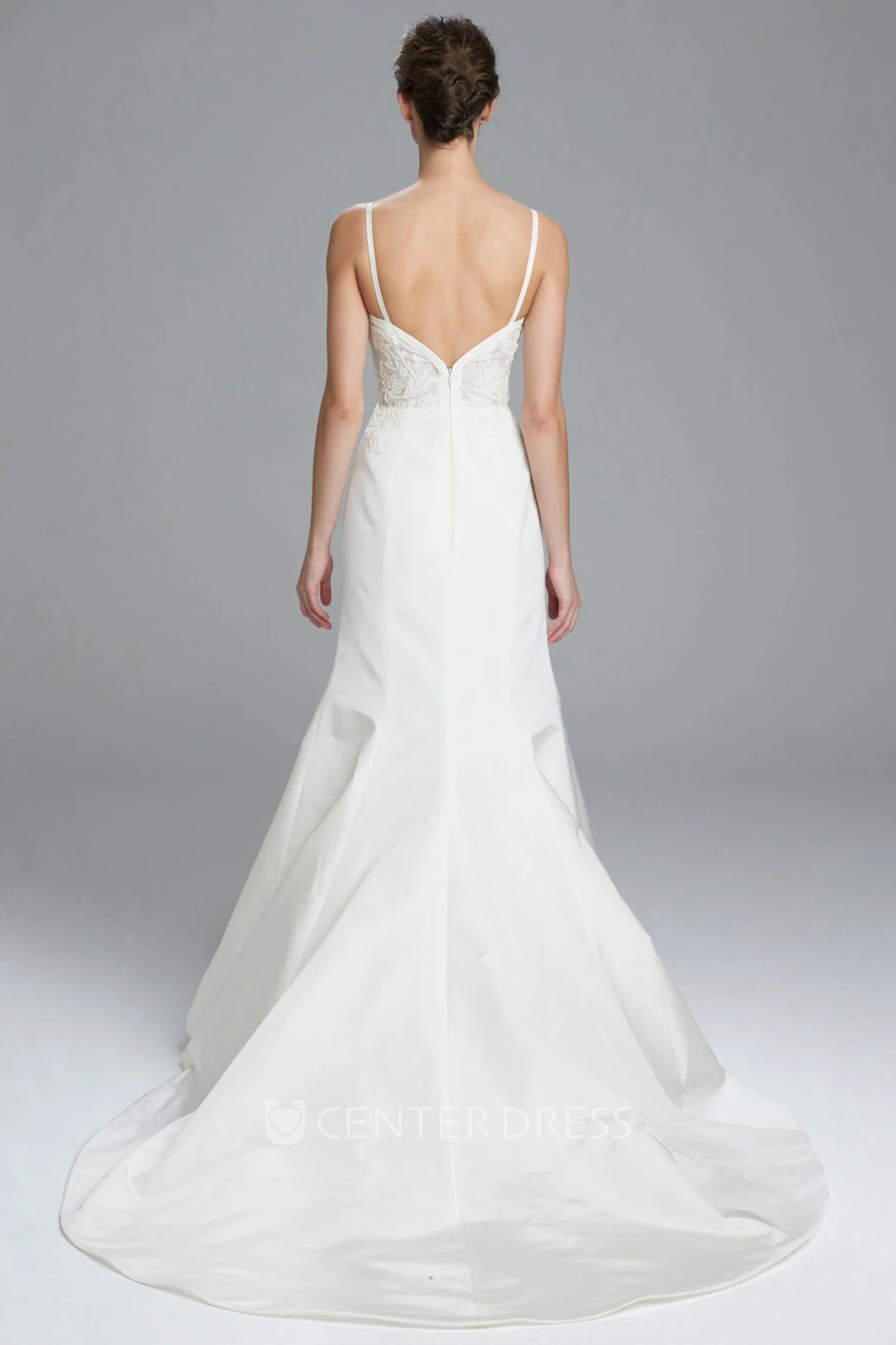A-Line Sleeveless Lace Spaghetti Long Satin Wedding Dress
