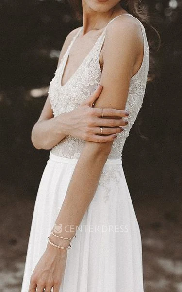 A Line Sleeveless Chiffon Lace Sexy Illusion Low-V Back Spring Wedding Dress with Beading