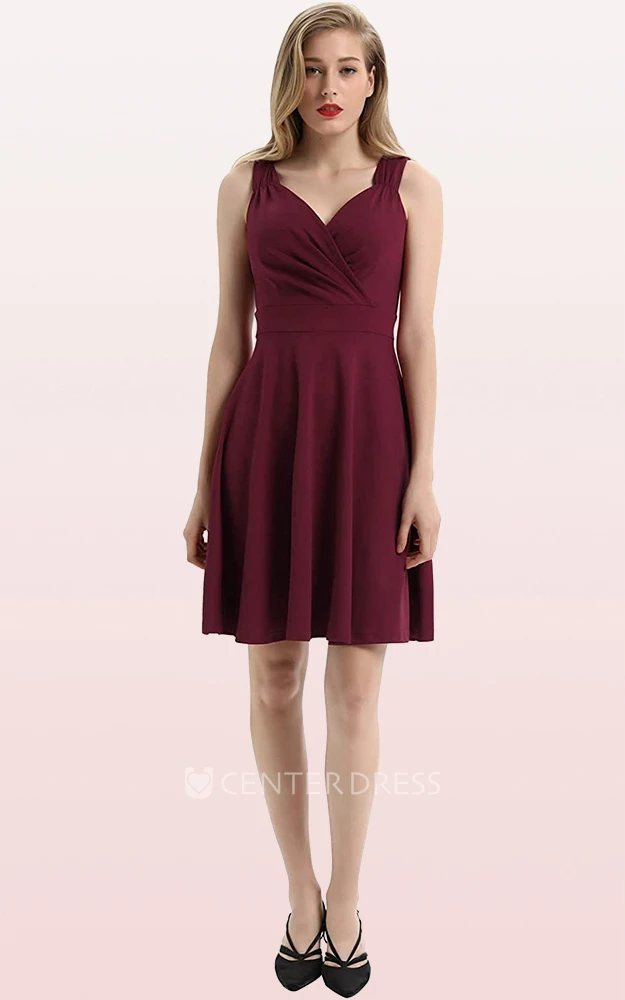 Casual Sleeveless A Line Jersey V-neck Prom Cocktail Dress With Ruffles