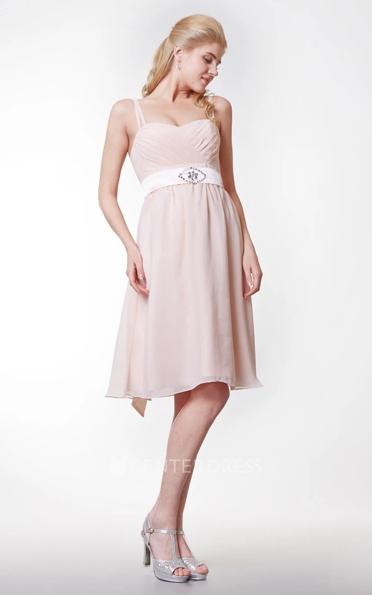 Spaghetti Straps Empire Knee Length Chiffon Dress With Sash Beading Bow