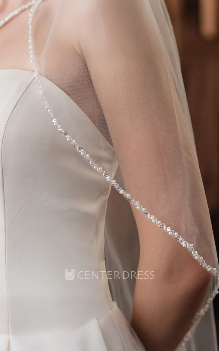 Modern Sparkly One-Tier Waterfall Sequin Pearl Tulle Elbow Length Short Wedding Veil