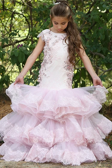 Mermaid Bateau Cap-Sleeve Tier Flower Girl Dress with Applique and Low-V Back