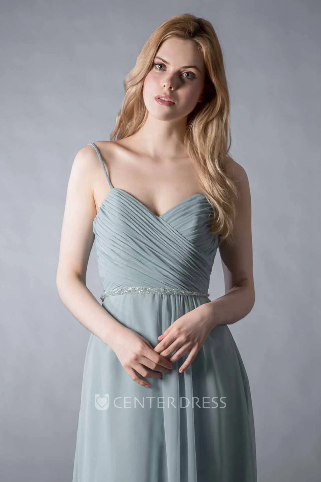 Sheath Spaghetti Long Criss-Cross Sleeveless Chiffon Bridesmaid Dress With Low-V Back And Waist Jewellery