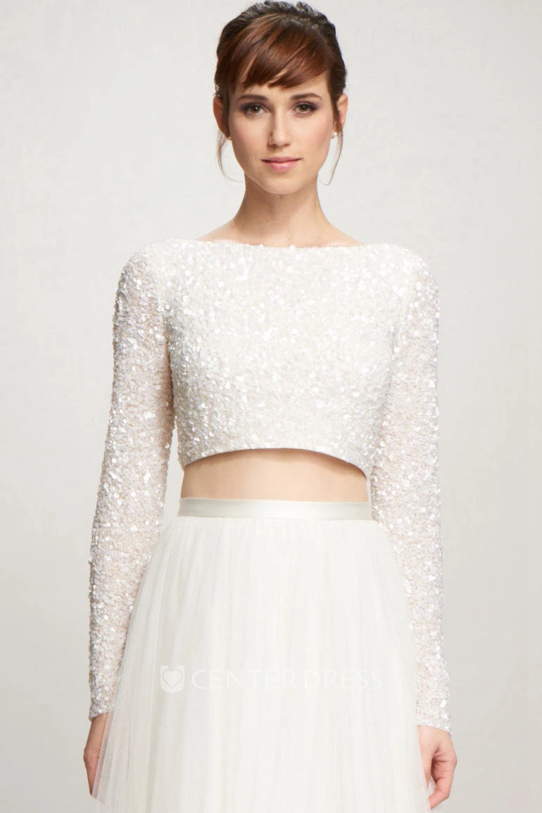 A-Line Long-Sleeve High Neck Floor-Length Tulle Wedding Dress With Sequins And V Back