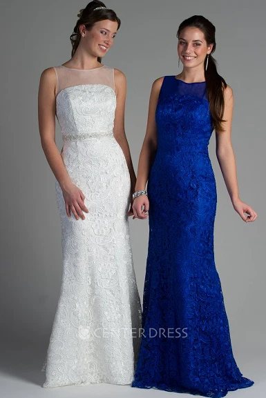 High Illusion Neck Sleeveless Sheath Lace Long Bridesmaid Dress