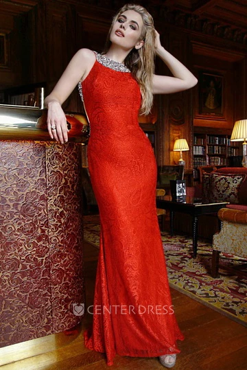 Sheath Floor-Length Sleeveless Beaded Jewel Lace Prom Dress With Backless Style And Brush Train