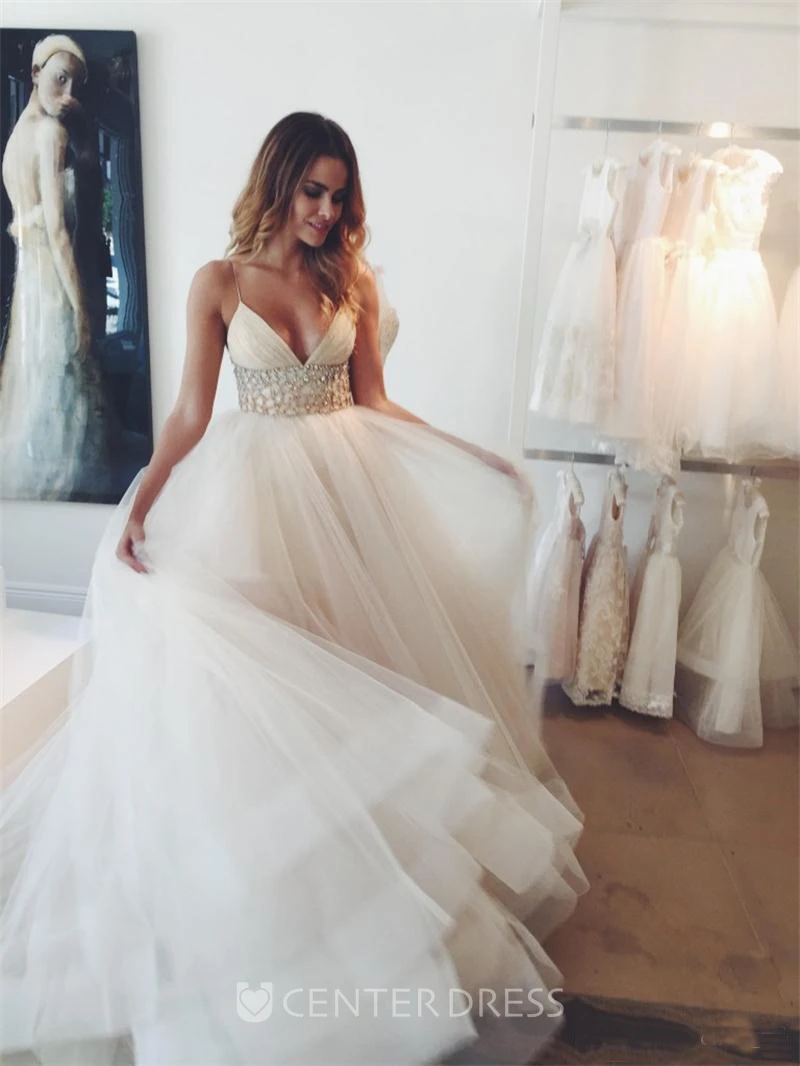 Ball Gown Spaghetti Tulle Open Back Wedding Dress