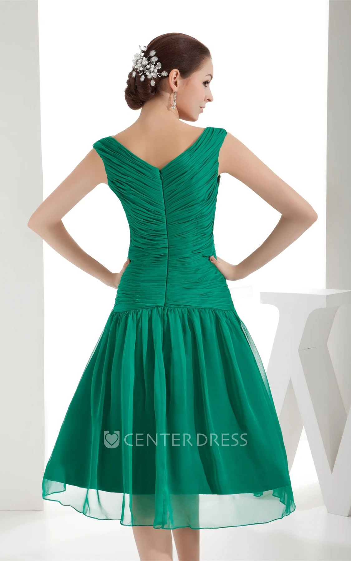 Knee-Length Bateau Ruched Criss-Cross Dress with Tulle Overlay and Beadings