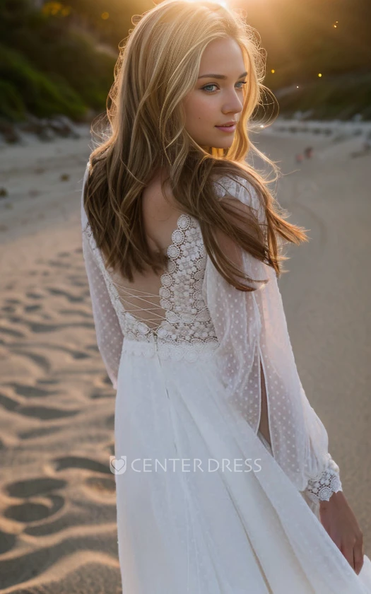 Vintage Bohemian Chiffon Lace A-Line Floor-length Plunging Neckline Winter Wedding Dress Romantic Elegant Beach Puff Long Sleeve V Back Winter Bridal Dress