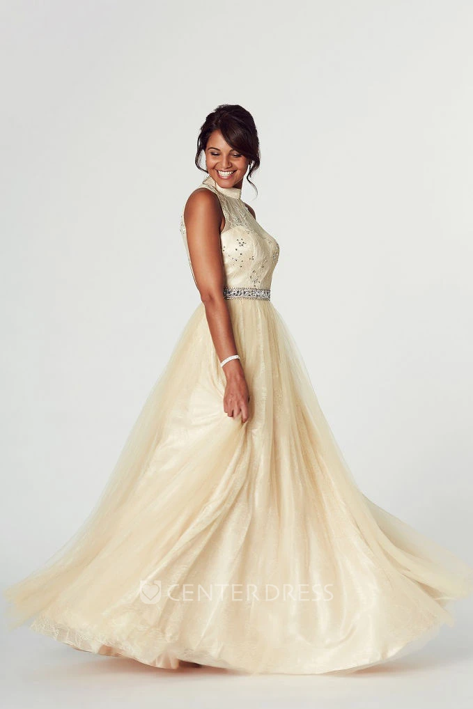 A-Line High Neck Appliqued Sleeveless Tulle Prom Dress