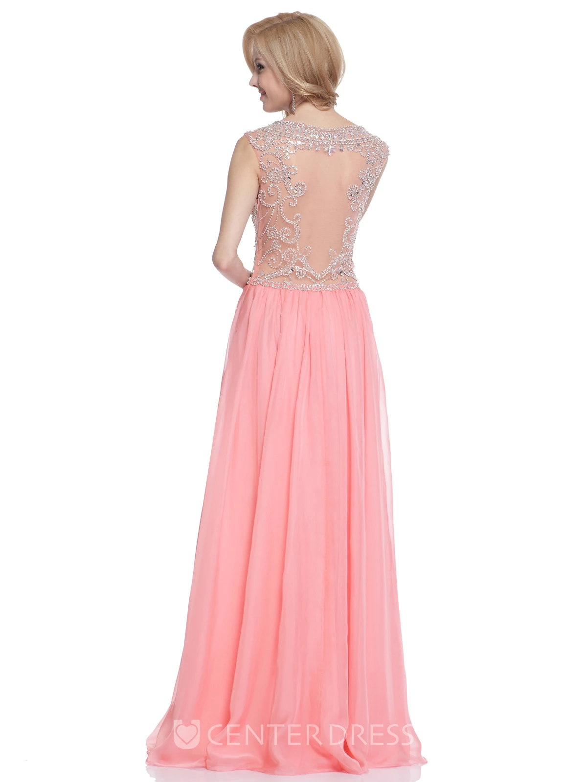 A-Line Bateau Cap-Sleeve Chiffon Illusion Dress With Beading And Pleats