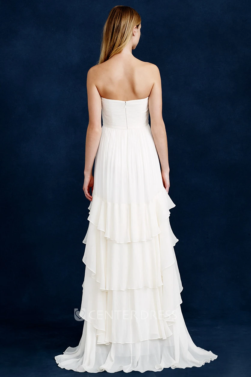 A-Line Tiered Sleeveless Strapless Long Chiffon Wedding Dress With Draping