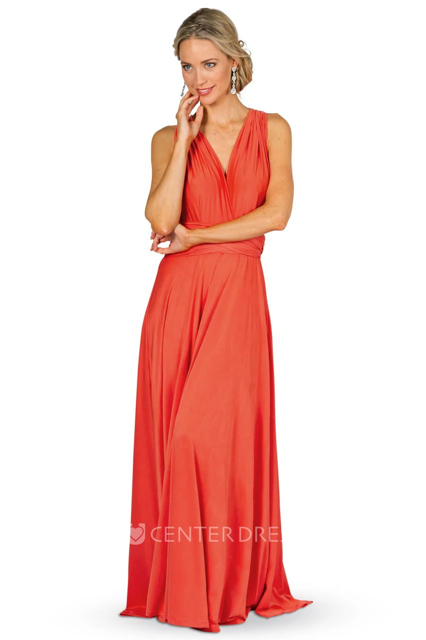 Maxi Ruched Sleeveless V-Neck Chiffon Convertible Bridesmaid Dress With Straps