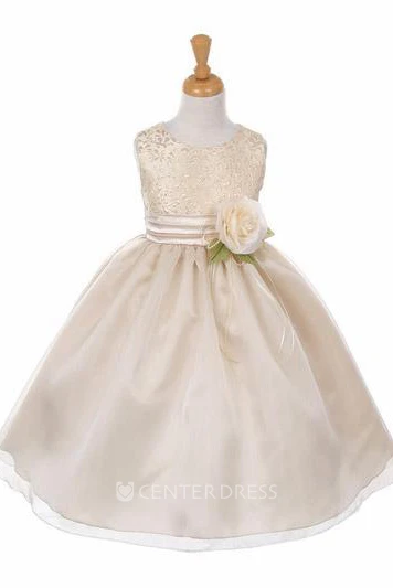 Tea-Length Tiered Organza&Satin Flower Girl Dress