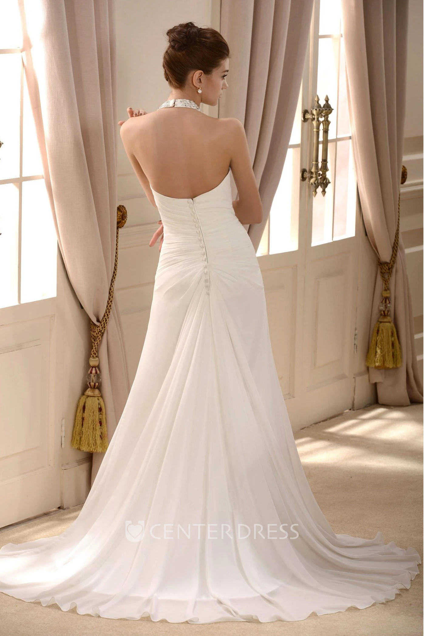 Elegant Chiffon A-line Halter Floor Length Wedding Gown