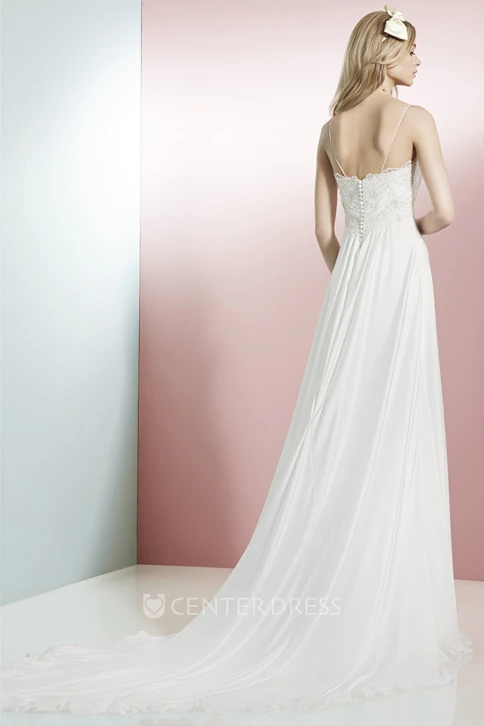 A-Line Spaghetti Floor-Length Sleeveless Lace Chiffon Wedding Dress With Appliques
