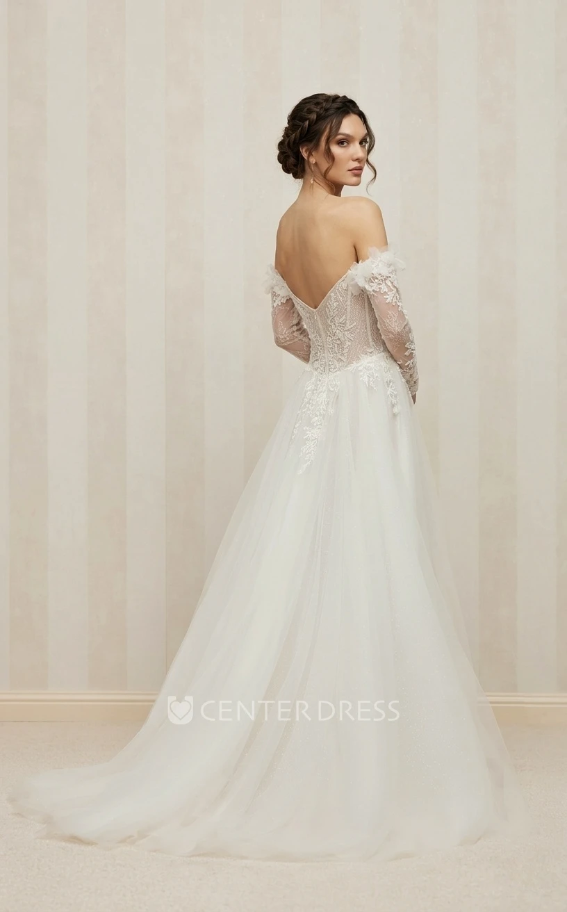 Romantic Vintage Off-the-shoulder Long Sleeve A-Line Lace Tulle Spring Wedding Dress Sexy Elegant Garden Appliques V-neck Floor-length Sweep Train Bridal Dress with Open Zipper Back