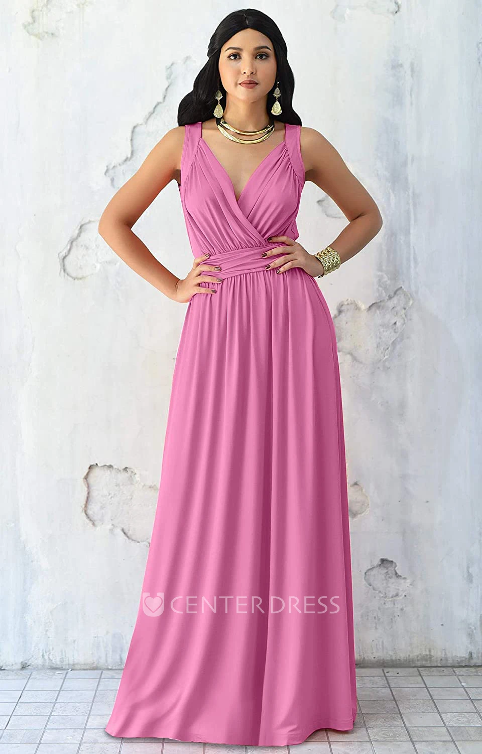 Sexy Chiffon Floor-length V-neck A Line Sleeveless Bridesmaid Dress With Ruching