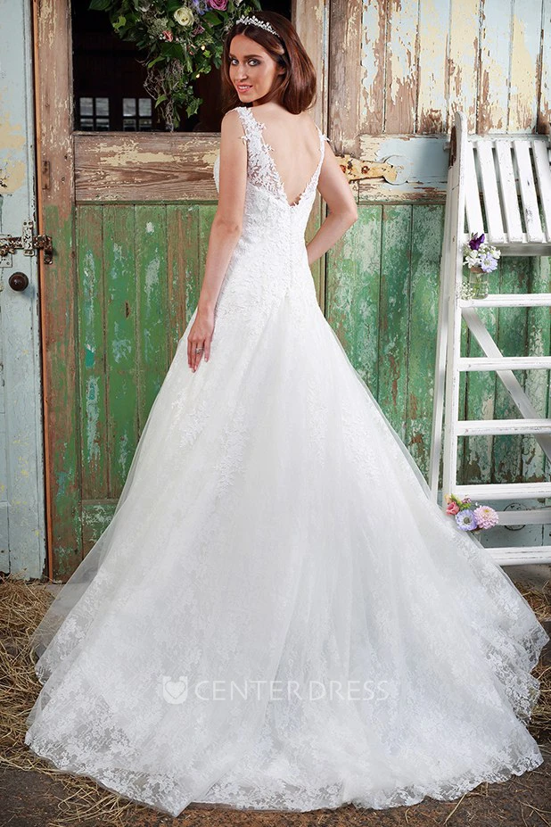 Floor-Length Sleeveless V-Neck Appliqued Lace Wedding Dress