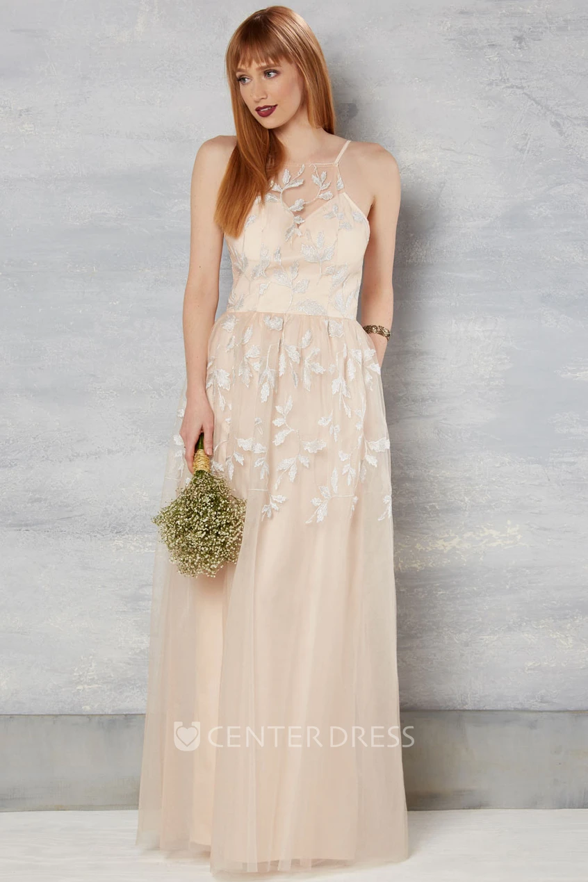 Sheath Spaghetti Tulle Wedding Dress With Deep-V Back