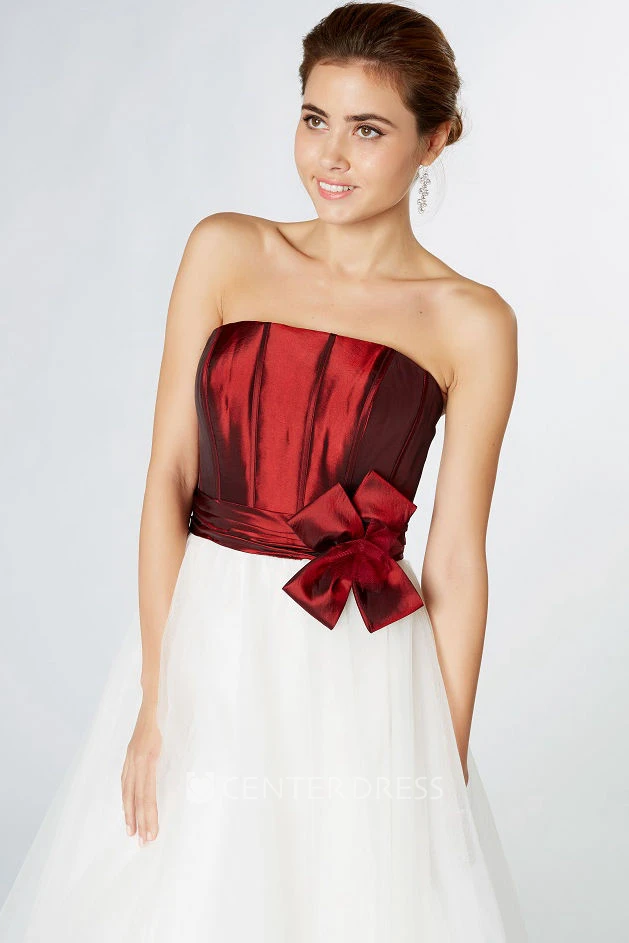 Tea-Length Strapless Ruched Tulle Bridesmaid Dress With Flower And Lace-Up Back