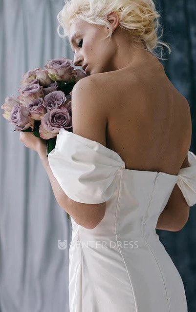 Off-Shoulder Fit and Flare Satin Wedding Dress With Ruffles
