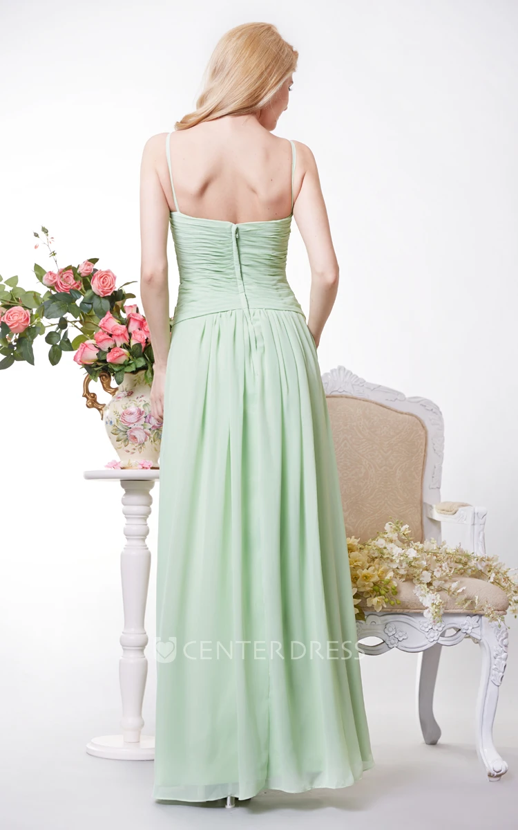 V-neck Chiffon A-line Gown Has Crisscross Ruched Bodice