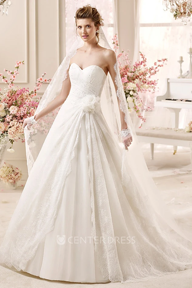Sweetheart Pleated A-line Wedding Dress with Flowers and Asymmetrical Ruching