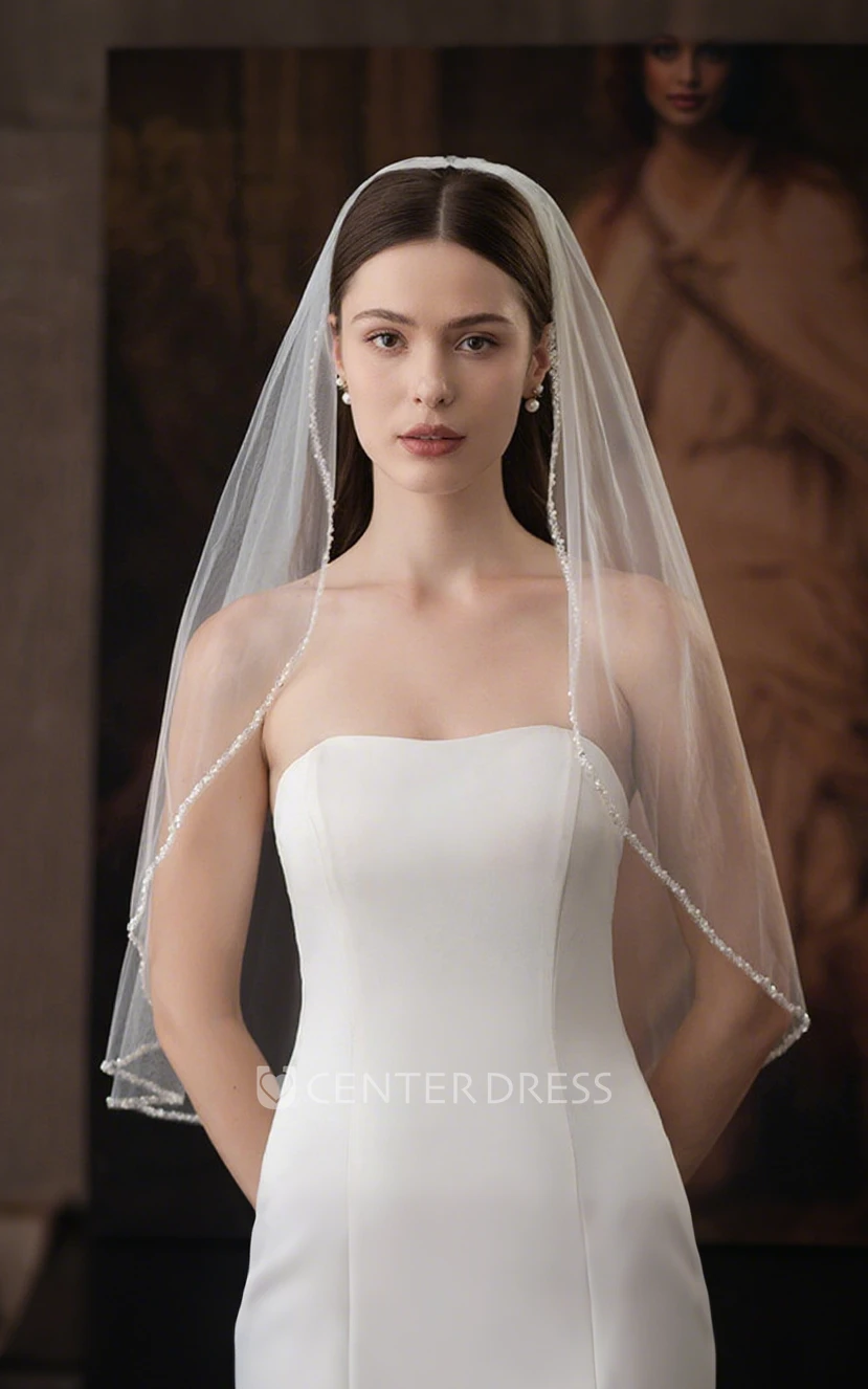 Modern Sparkly One-Tier Waterfall Sequin Pearl Tulle Elbow Length Short Wedding Veil