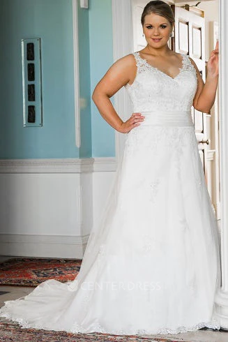 Plus Size V Neck Lace Bridal Gown With Lace Up And Train